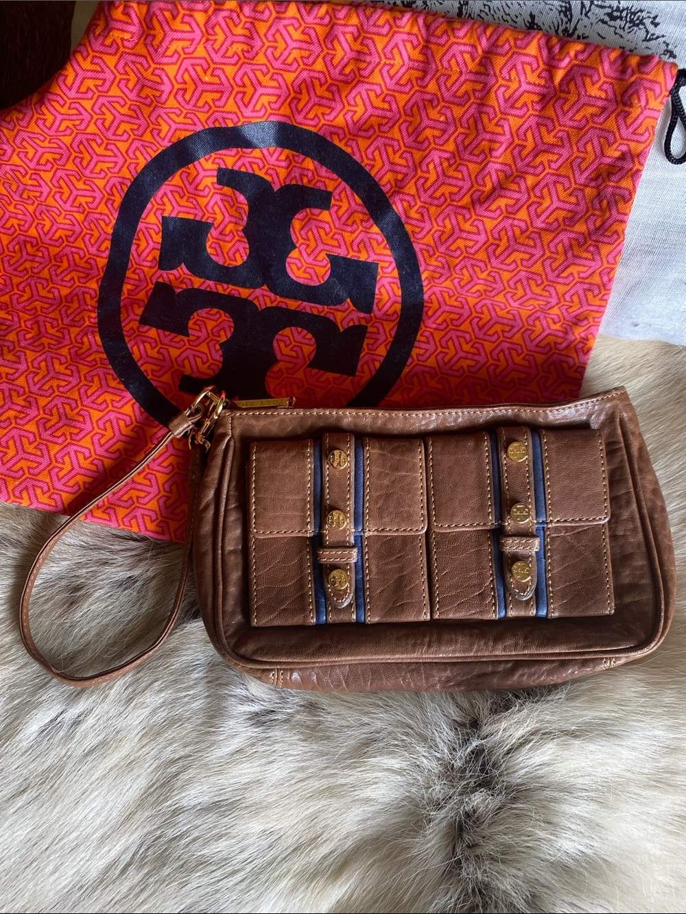 Tory Burch Brown Leather Wristlet with Navy and Gold Accents and dust-bag